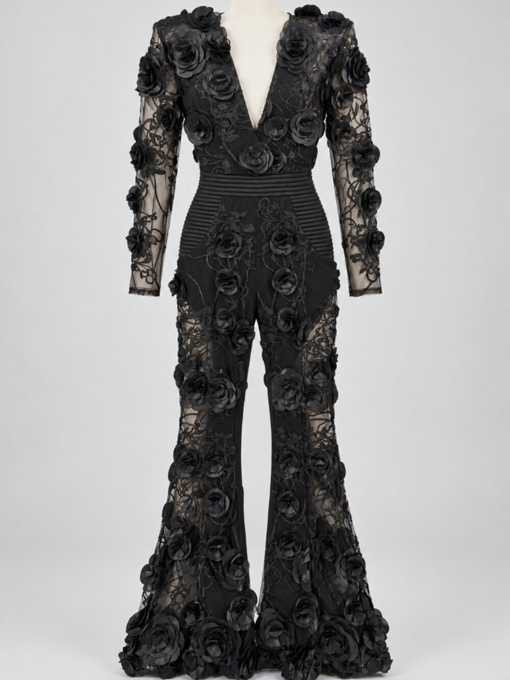 Zhivago Jumpsuit Womens 6 Black I Found Love 3D Floral Long Sleeve VNeck NWT